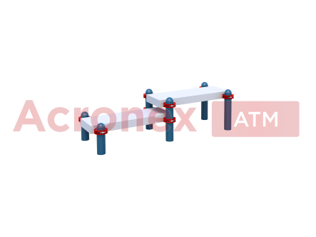 Горизонтальная гимнастическая скамья двойная разноуровневая с упором для ног, к которой прикреплены две раздвижные антивандальные измерительные линейки в горизонтальной плоскости с диапазоном измерения от +35 до -10 см (для выполнения испытания (теста) АТМ «Наклон вперед из положения сидя на полу с прямыми ногами»)